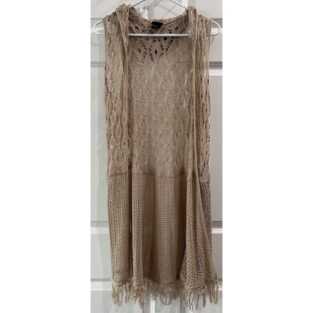 Womens Open Knit Sleeveless Crochet Cardigan Sz XL Hooded Boho Cottage Lagenlook